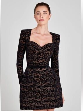 NADINE MERABI Black Lace Long-Sleeve Sweetheart Mini Dress